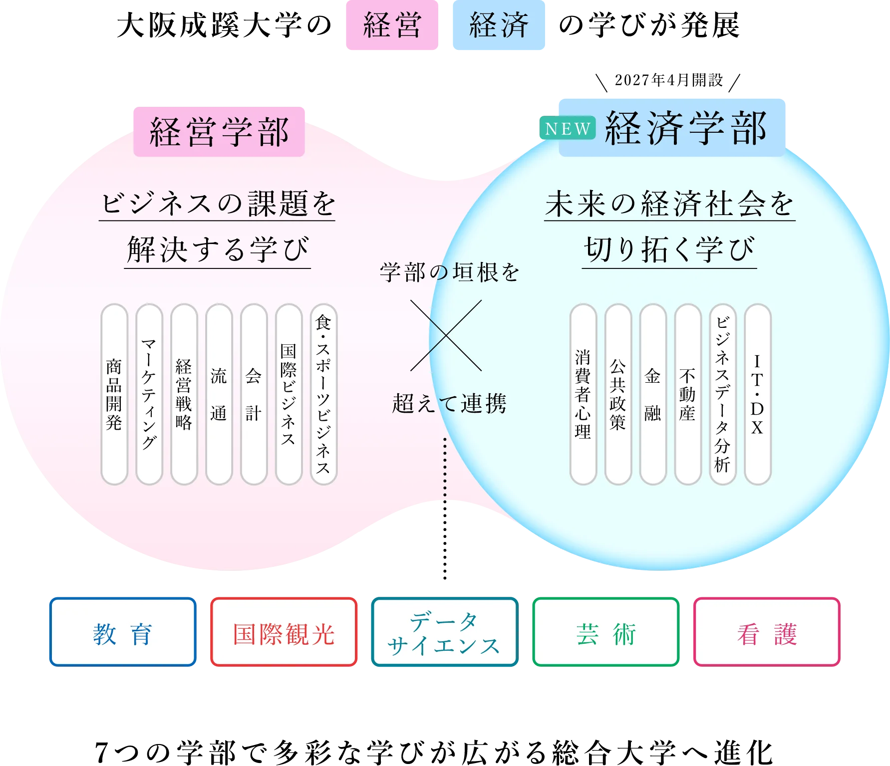 大阪成蹊大学の経営、経済の学びが発展。7つの学部で多彩な学びが広がる総合大学へ進化